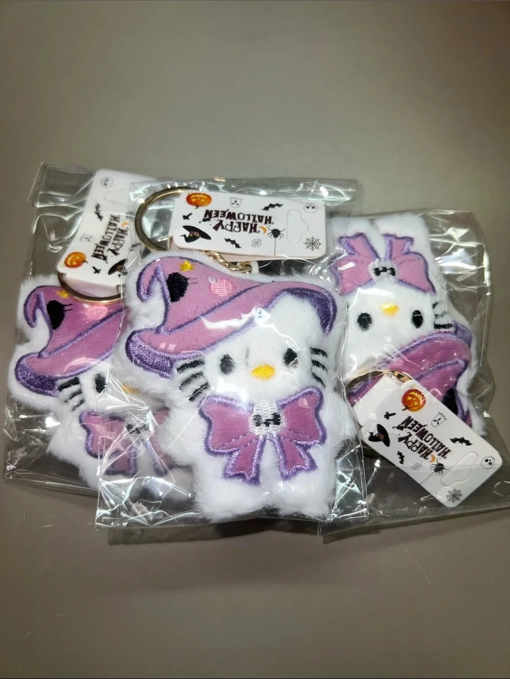 Hello Kitty Purple & Pink Witch Hat Plush Keychain with Gold Ring